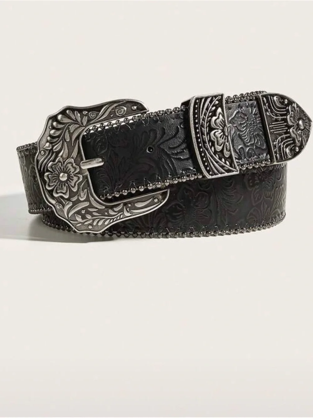 Black Western Faux Leather Belt with Floral Silver Buckle Detail
